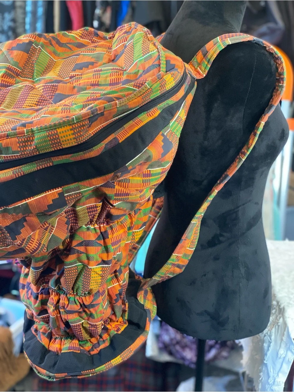 Like New! Kaces III African Drum Print Orange Green Patterned Backpack
